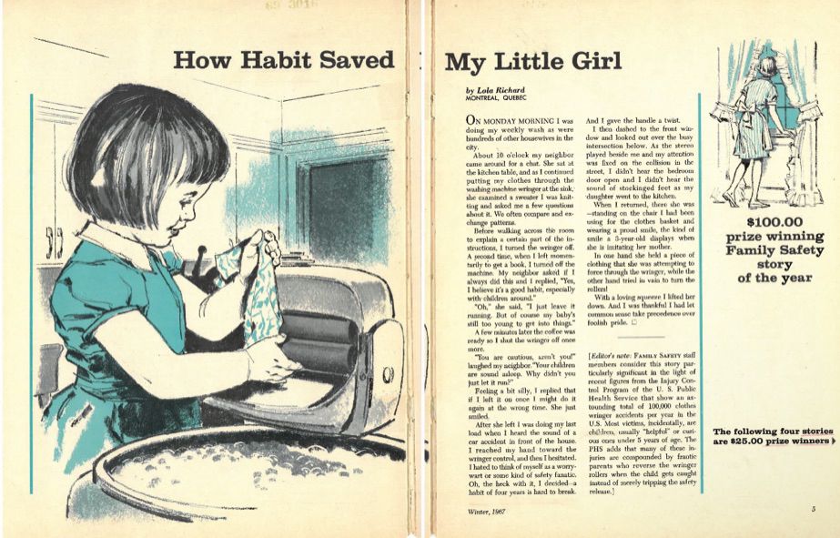 Illustration of a little girl playing with a motorized wringer washer from the National Safety Council’s Family Safety magazine (1967). The image appears in Alexander Parry, “Making Homemakers Responsible for Safety: Housework, Laundry Equipment, and the Unequal Burdens of Accident Prevention, c. 1910–80,” Technology and Culture 66.2 (2025): 411-447