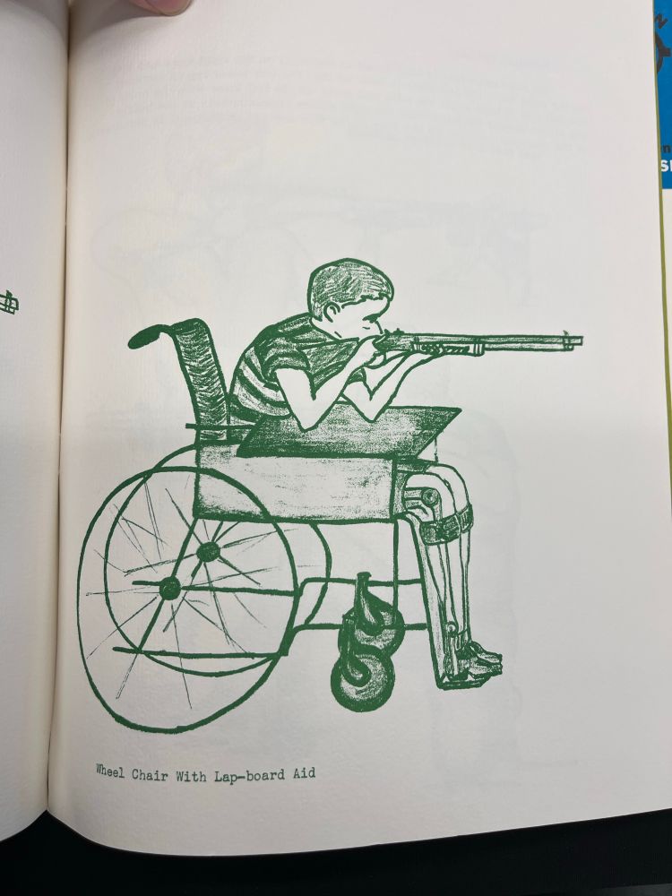 Image of a sickly-looking child with leg braces and a wheelchair aiming his BB gun