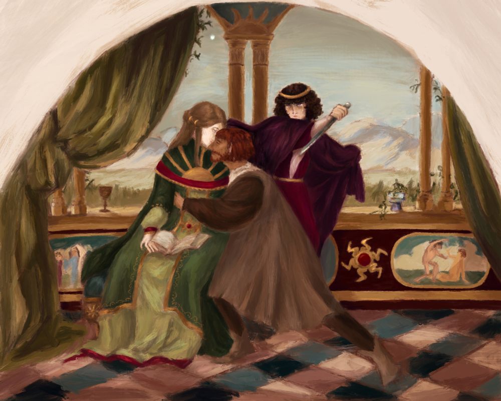 digital painting of alpin and frell (@l8nitesoup's oc) seated in an open room. frell clings to alpin, who appears pleased. behind them is elios, alpin's child, with tears in their eyes as they wield a knife. the background contains two small art pieces, with the left art portraying a mother and child, and the right one showing the scene of a stabbing. #ocsky #af25