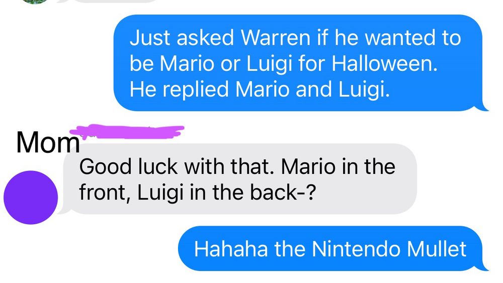 A text message convo between me and my mom. 
First bubble (me): Just asked Warren if he wanted to be Mario or Luigi for Halloween. He replied Mario and Luigi. 

Second bubble (my mom): Good luck with that. Mario in the front, Luigi in the back-?

Third bubble (me): Hahaha the Nintendo Mullet