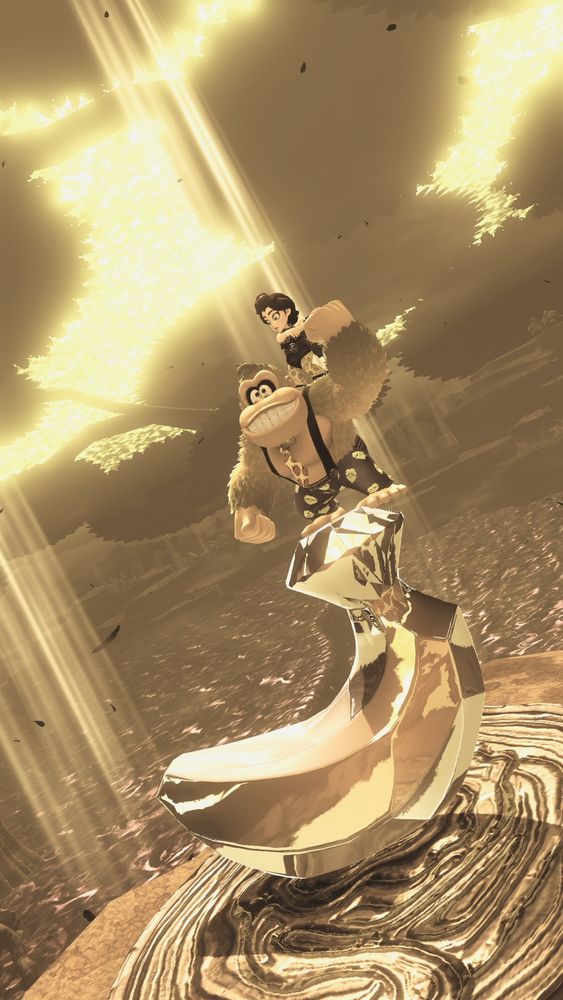 DK grins while stands atop a banandium gem with pauline on his shoulder. Beams of light fall through a forest behind him