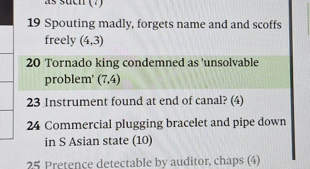 A cryptic crossword clue highlighted: tornado king condemned as 'unsolvable problem'