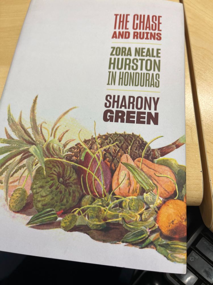 Cover of a book entitled The Chase and Ruins - Zora Neale Hurston in Honduras and the book's design is assorted tropical fruits and vegetables on a white background.
