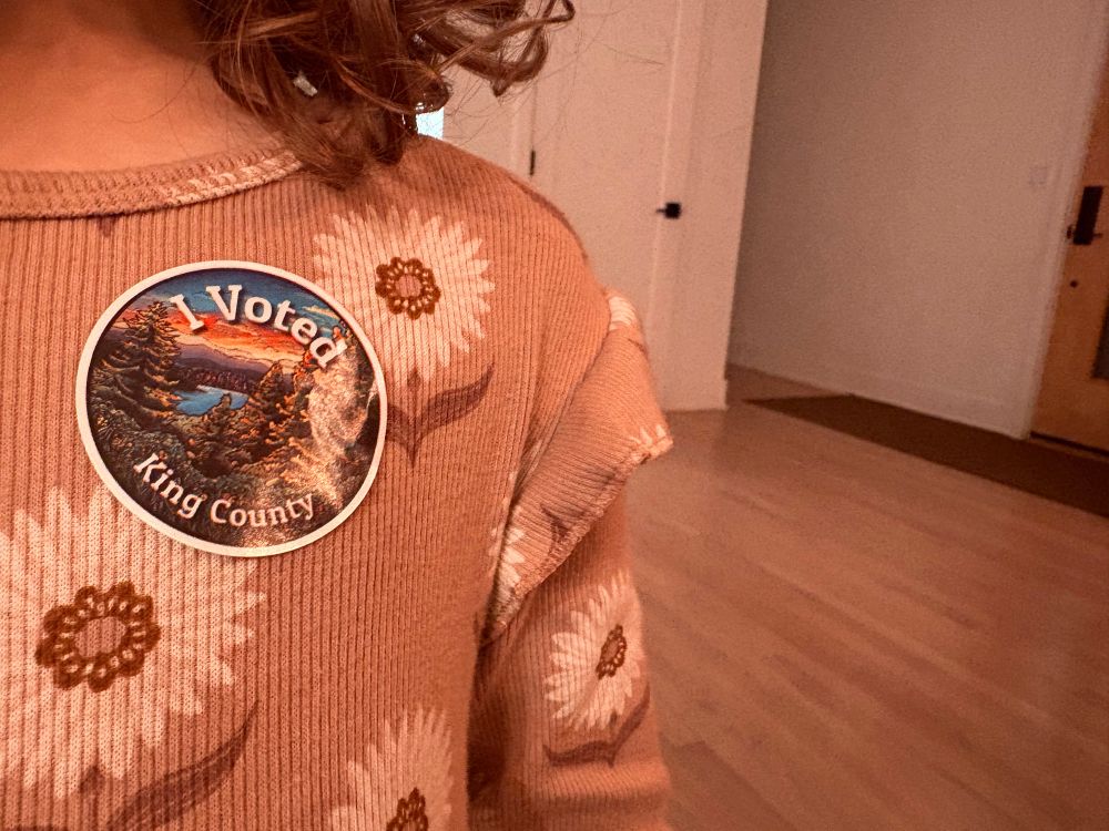 My kid sporting my “I voted” sticker in my mail ballot 