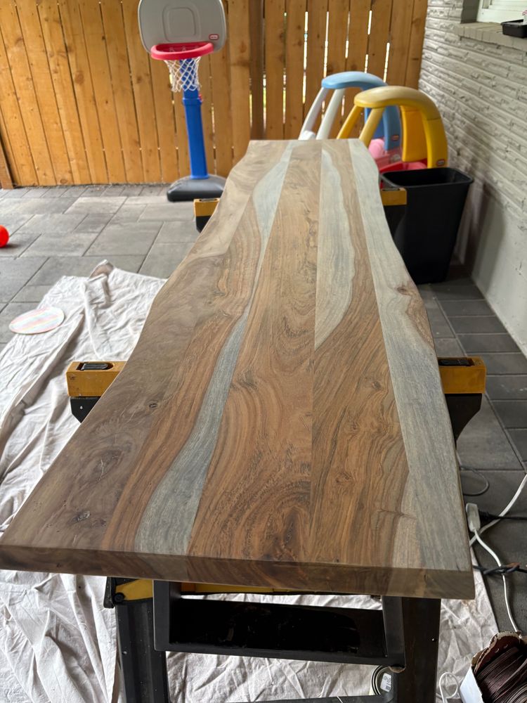 Same bench, sanded down this time. Some cool contrast emerging, some of the wood is a deeper chocolate color and other parts have kind of a zebra pattern. We can work with this.