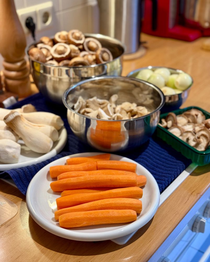 Auf einem Herd stehen unterschiedlich große Schüsseln gefüllt mit verschiedenen Sorten geputzter Pilzen, Möhren und Zwiebeln. 