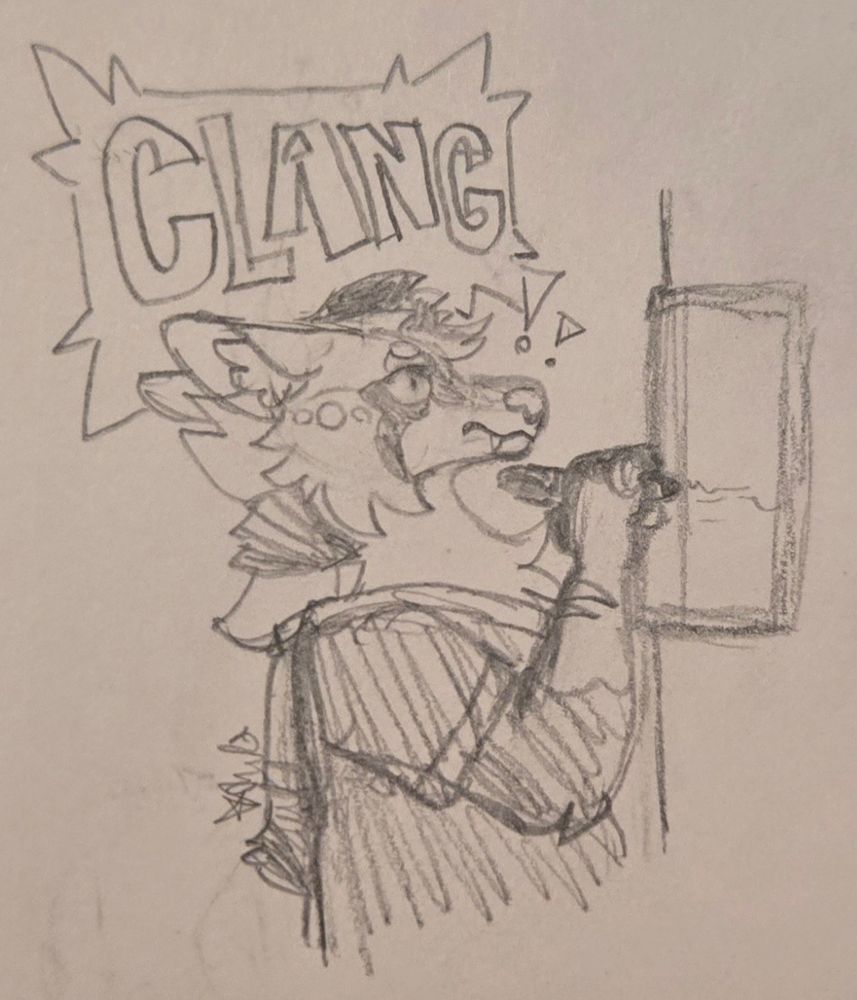 A sketch of my fursona being interrupted from writing on a board by a load noise. He looks alarmed and annoyed.