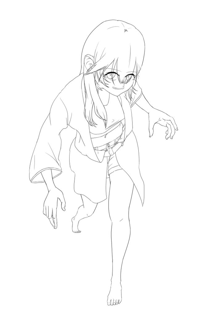 線画。
大体、「胴体」「腕」「服1」「服2」「顔」「髪の毛」で線画レイヤーを分けて、仮に脱がせたり髪の毛が泥だらけになっても簡単に対応できるようになってる。