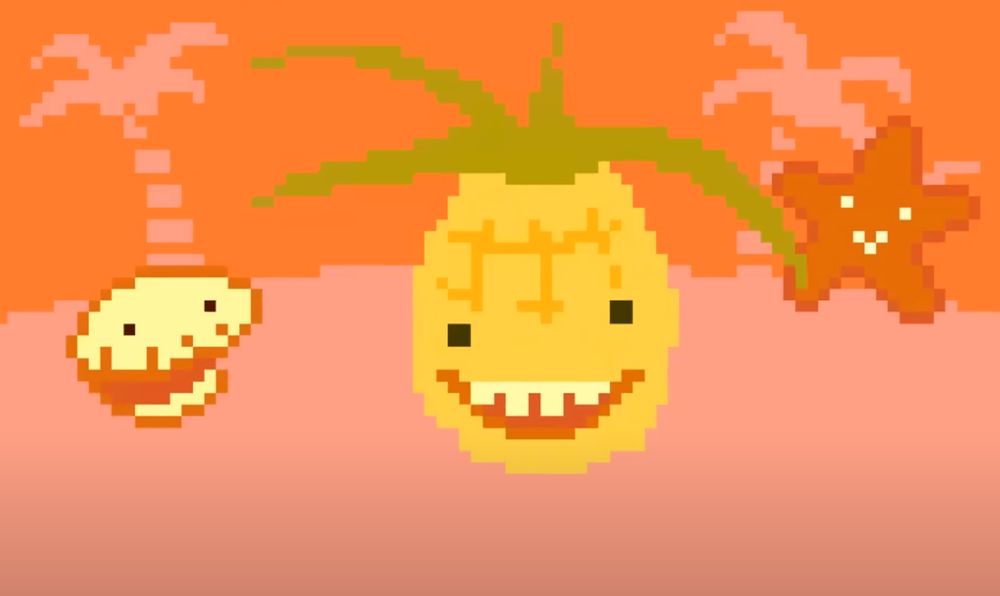 a clam, a pineapple, and a starfish rock out on a beach