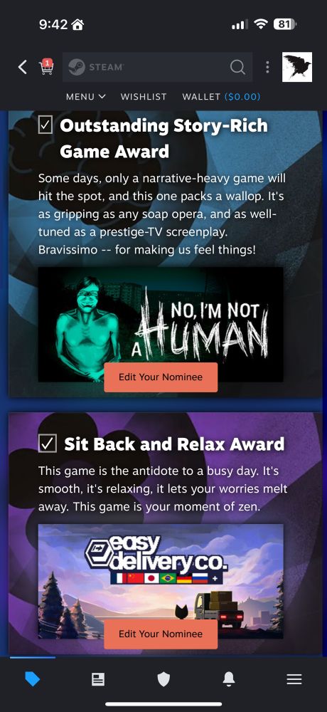 Outstanding story rich game award goes to No I Am Not Human. Sit back and relax award goes to East Delivery company. 