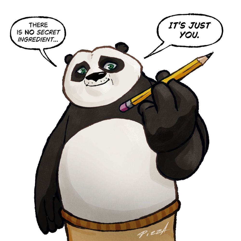 Picture of a cartoon panda hopefully offering a pencil 