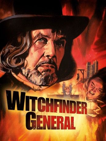 Poster for film witch finder general with a puritan vincent price surrounded by flames and screaming women