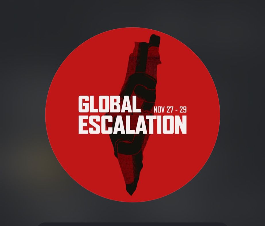 Global escalation Nov 27-29 white text on red background with an outline of Palestine