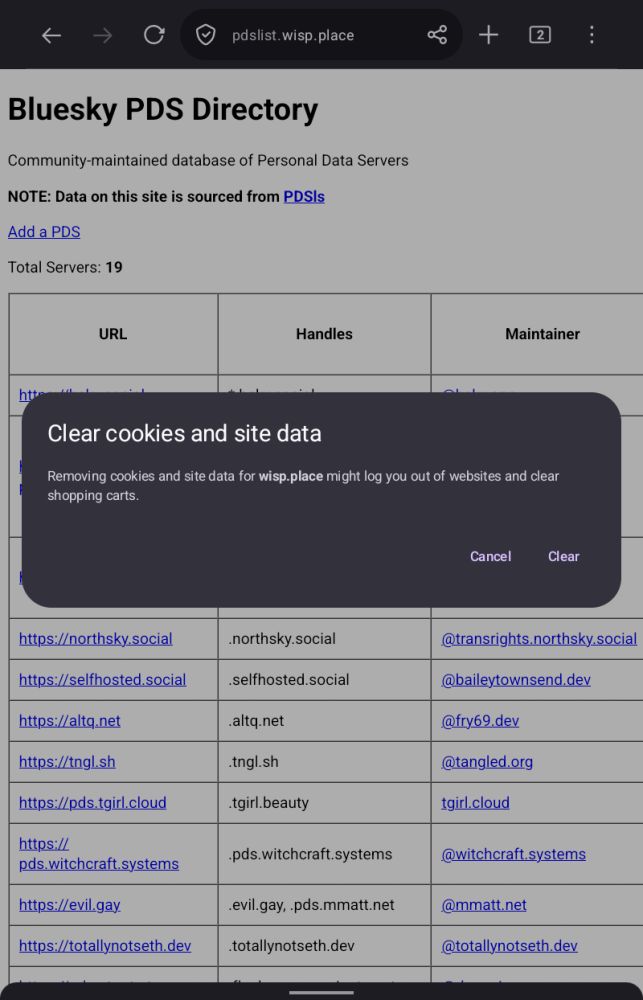 Screenshot of the site via Firefox showing it will clear all cookies on the wisp.place domain.
