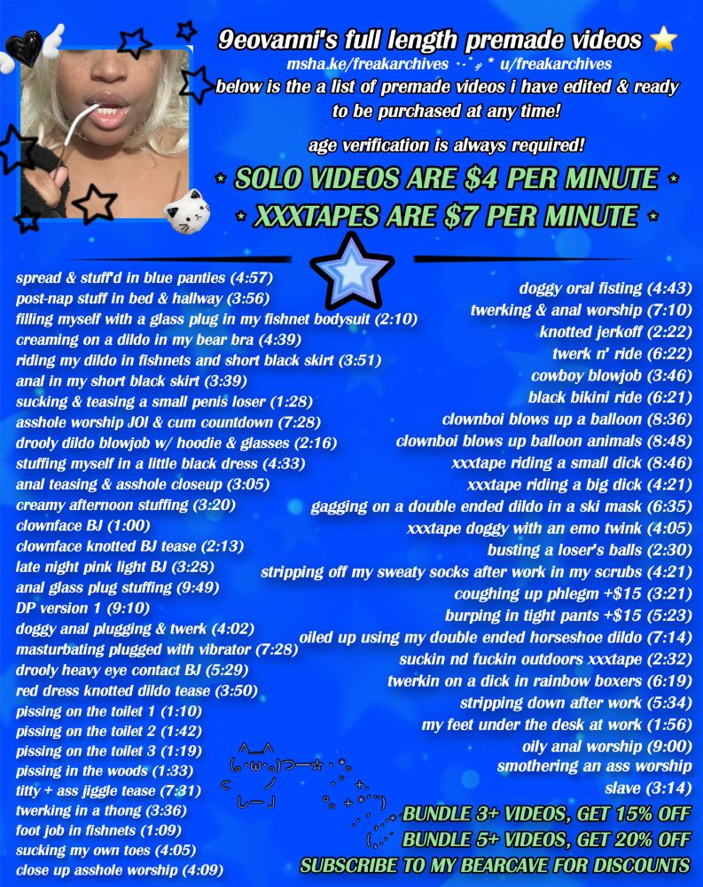 a full list of my content. if you require alternative text list for any reason, message me!