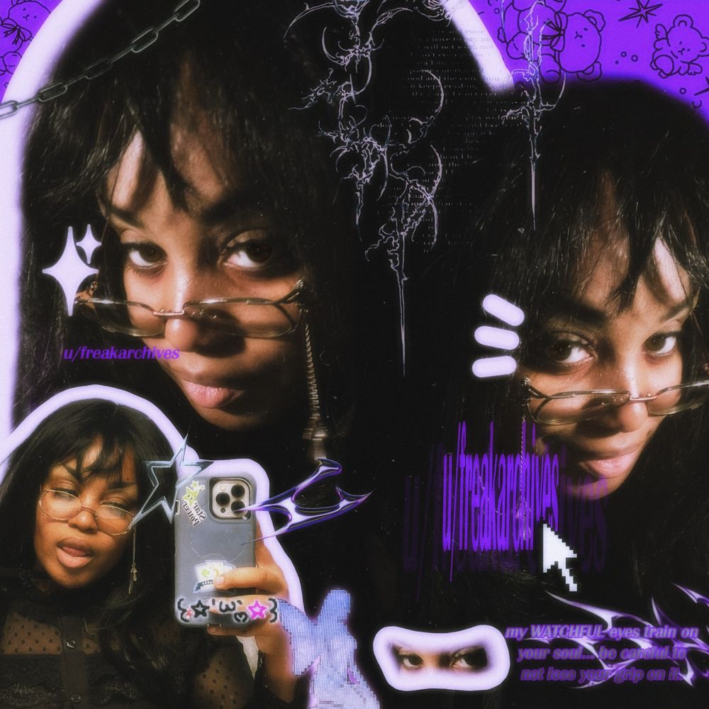 a compilation edit of pictures of me with purple accents, & a message in the corner reading “my WATCHFUL eyes train on your soul.. be careful to not lose your grip on it.” 