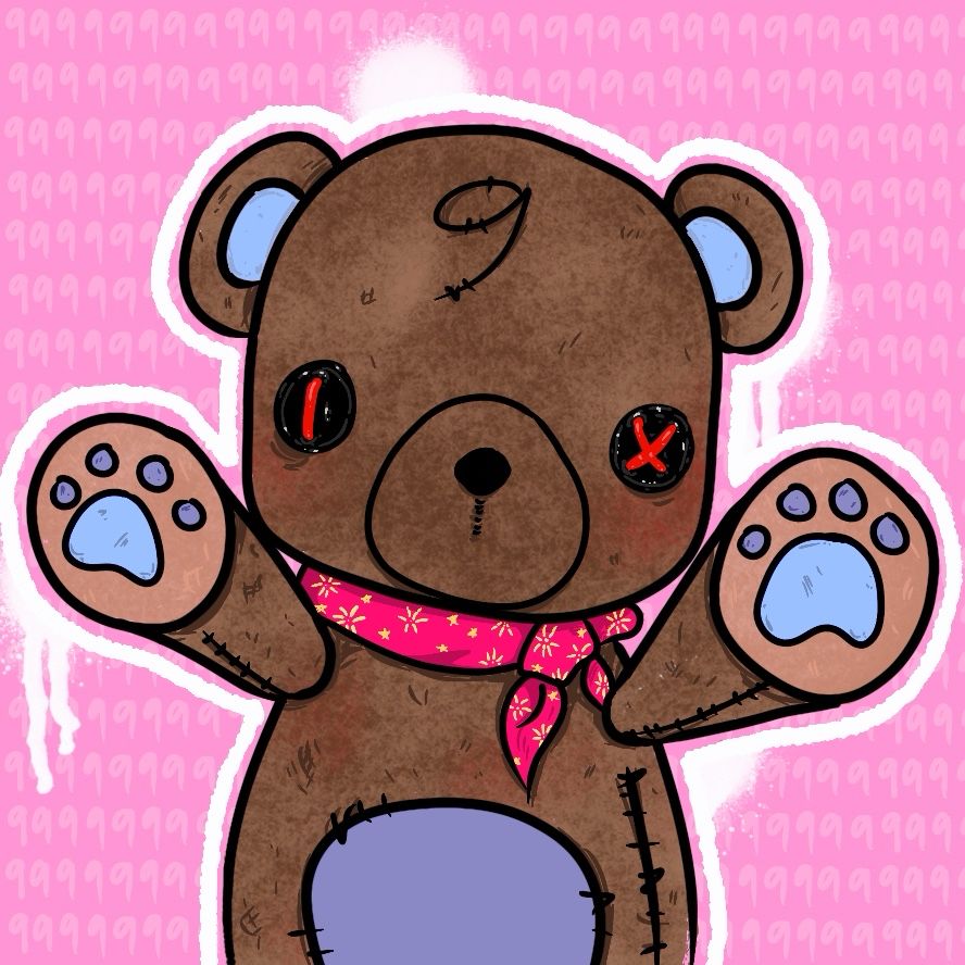 the graphic for my bearcave, a cute teddy bear i drew on a pink background adorned with 9s. the bear has a pink bandana around his neck. 