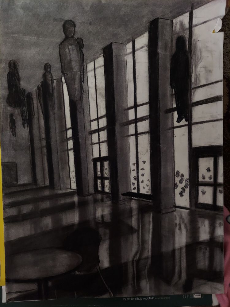 A gloomy and surreal graphite drawing. The scene was drawn from life, a student lounge at Wake Technical Community College's North Campus. In the scene, the environment is drawn to be unsettling and dark. Overhead, shadowed forms of people float stiffly in the air, facing different directions and showing no sign of movement. One body in front of a window shows a haze about it in the stark white glow from outside the windows. 
Nothing can be seen outside in the white glow, but there are multiple black handprints scattered over the glass of the doors and windows.