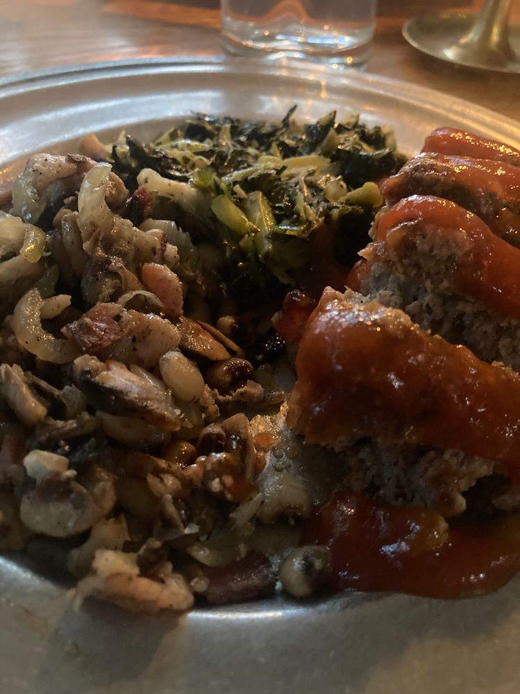 Mini Meatloaf, Homemade Ketchup, Collards and Vinegar, Black Eyed Peas, Huntsman Style with onions, bacon and mushrooms 