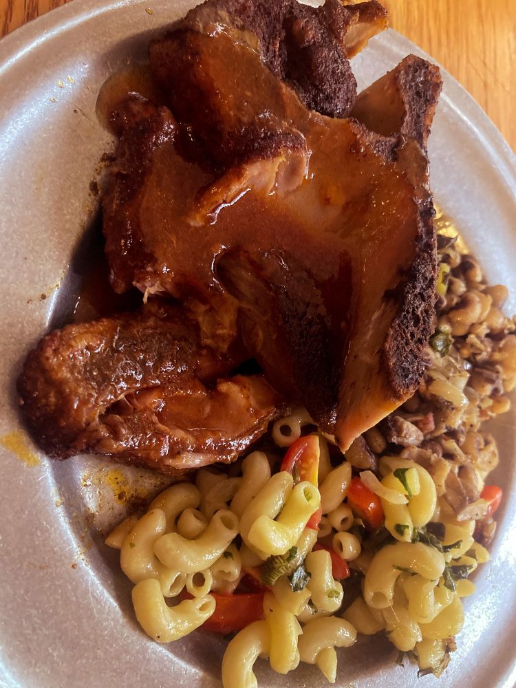Country style ribs, black eyed peas, collards, macaroni salad with a local farm’s onions and tomatoes (no mayo, apple cider vinaigrette)