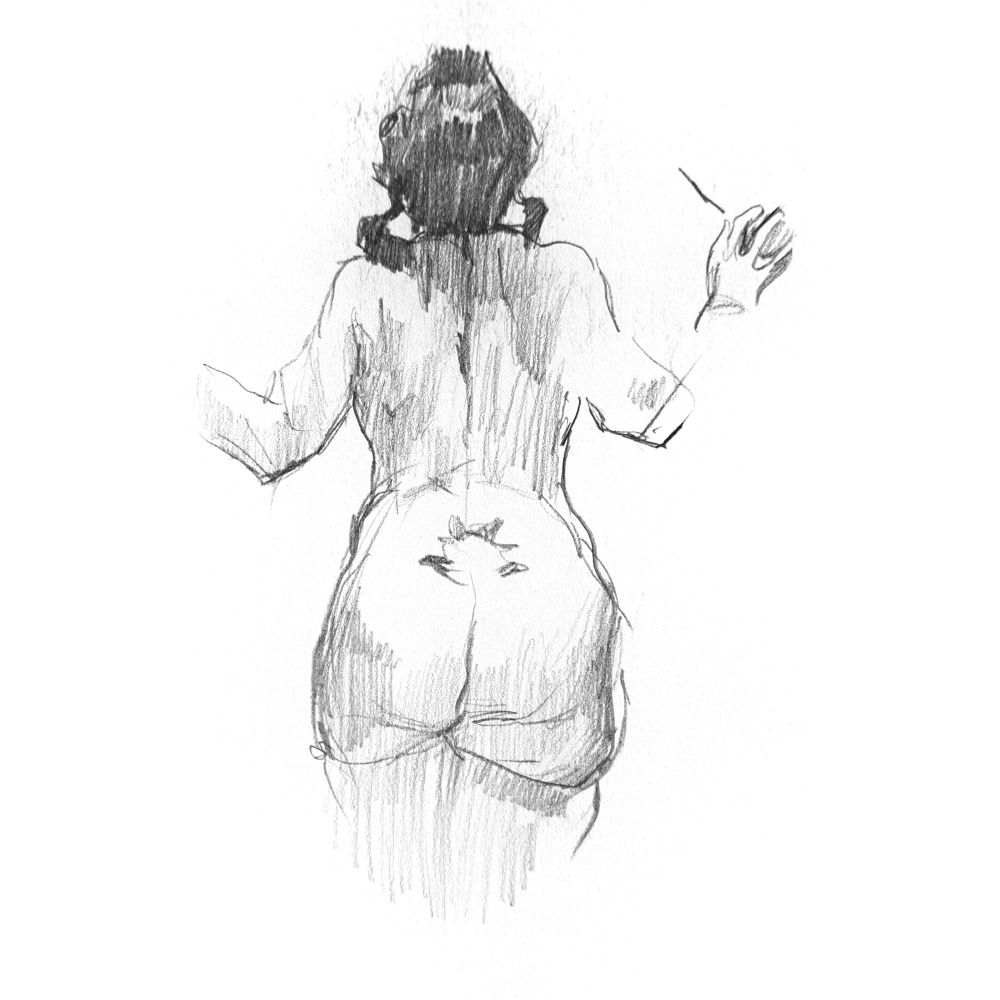 life drawing of a figure model from the back. pencil
