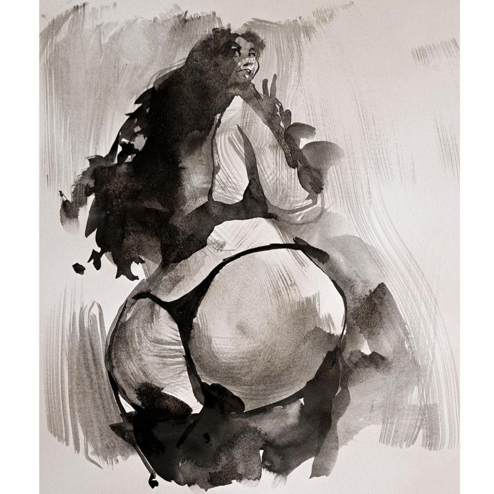 an exaggerated ink brush drawing of a woman in a bra and gstring