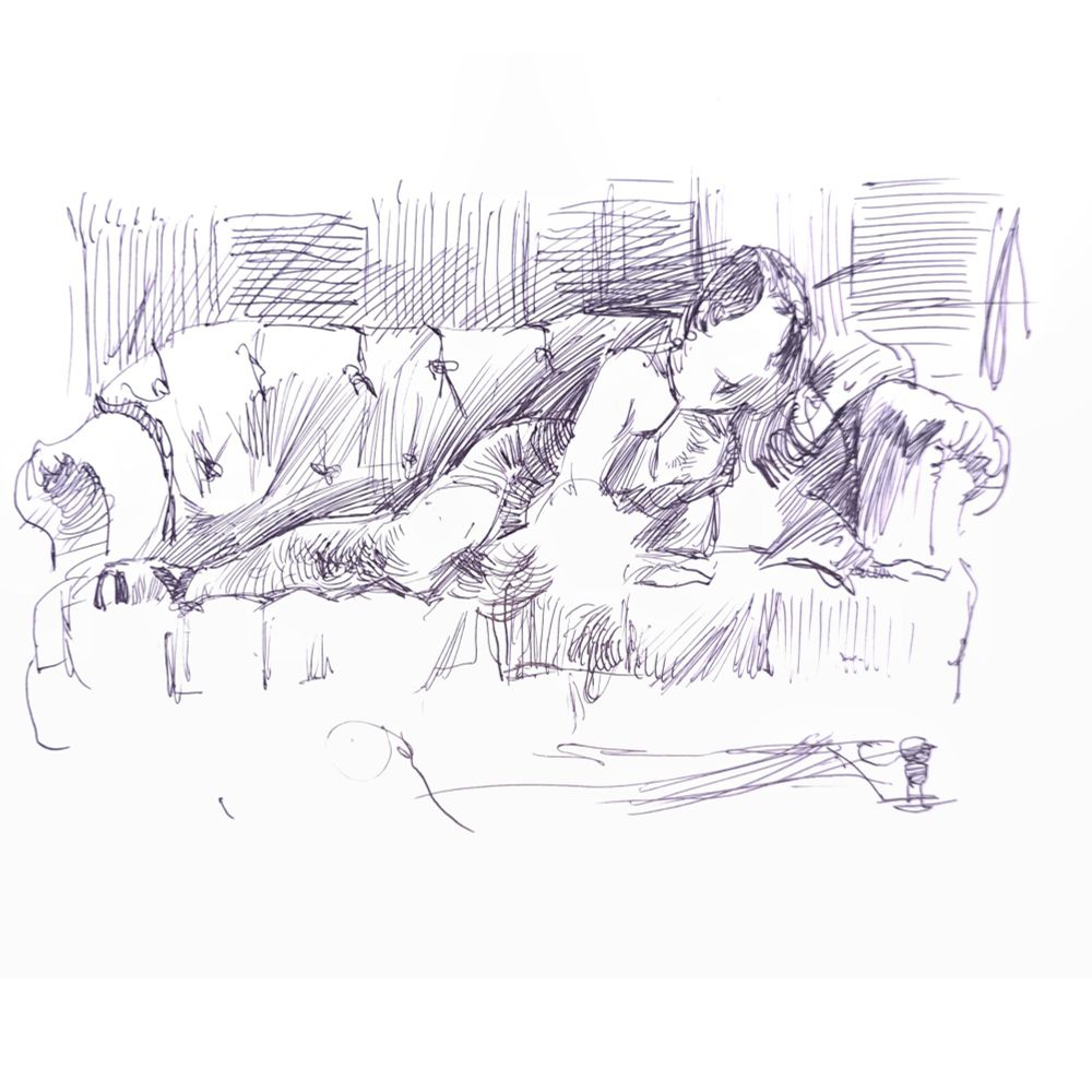 a ballpoint drawing of a woman in lingerie draped over a chaise longue