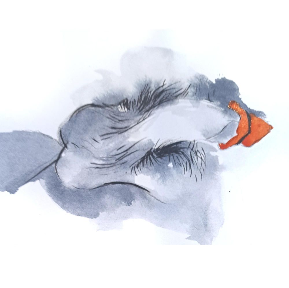 a sumi ink painting of a penis wearing an orange knitted hat
