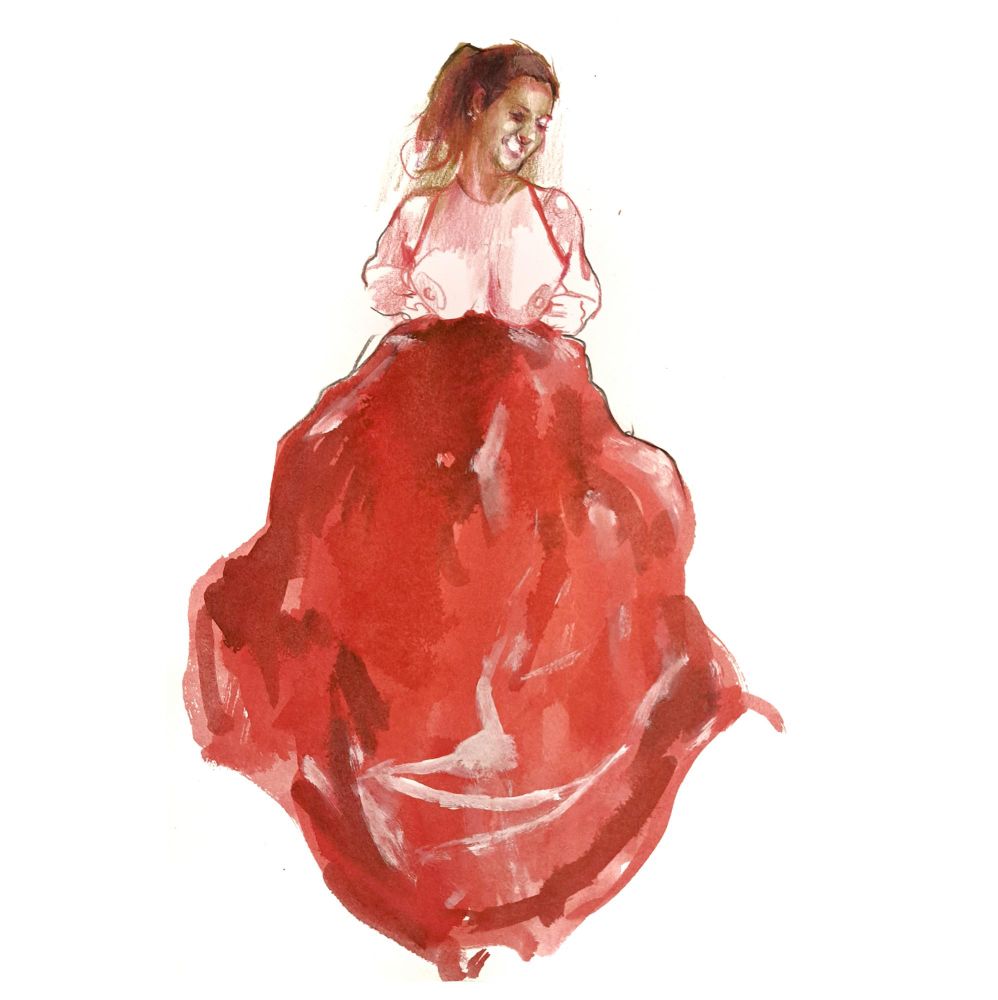 a drawing of a woman in a huge red dress with her top down