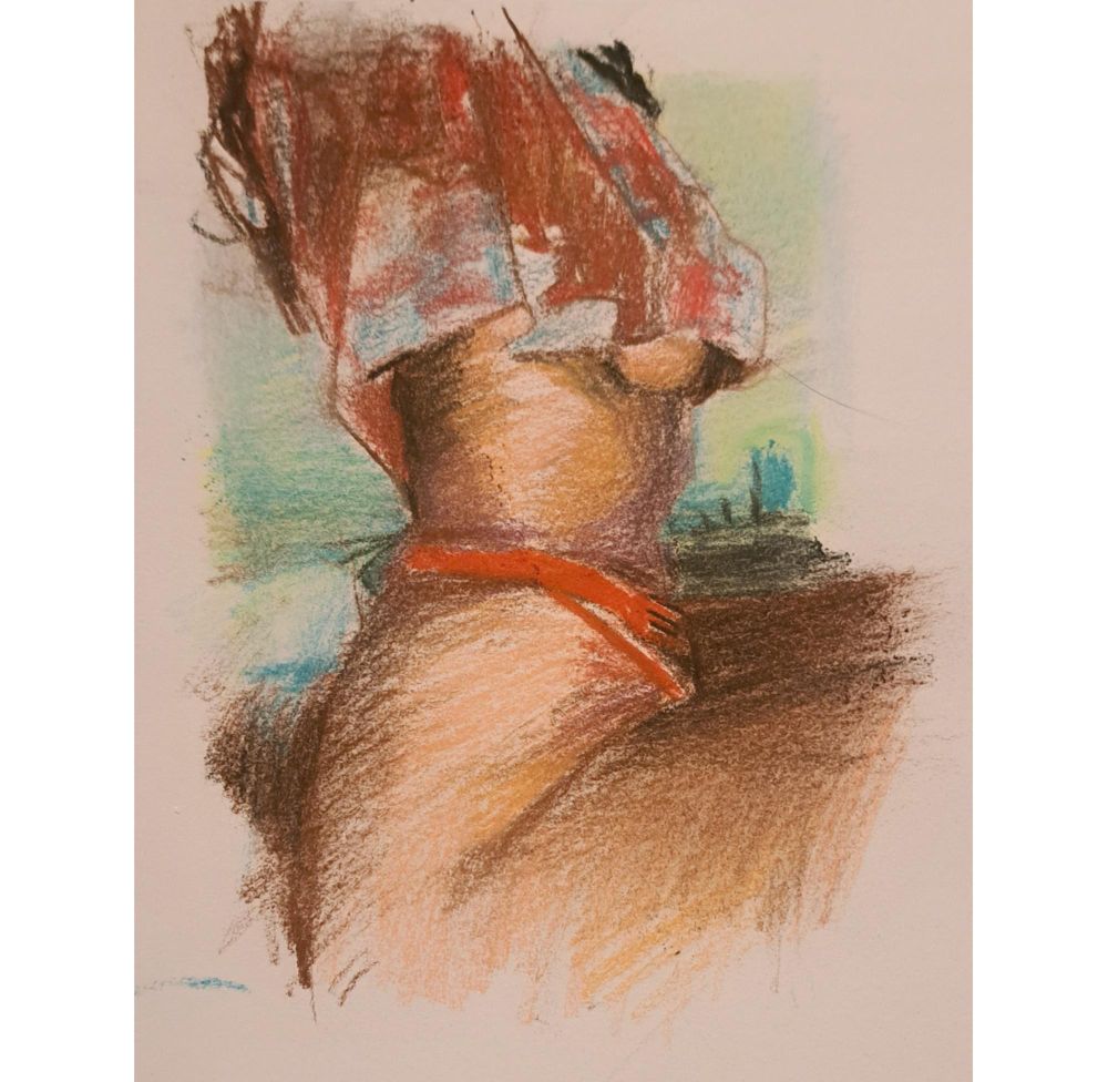 Pastel drawing of a woman's torso side on, with her arms raised, showing some under-boob