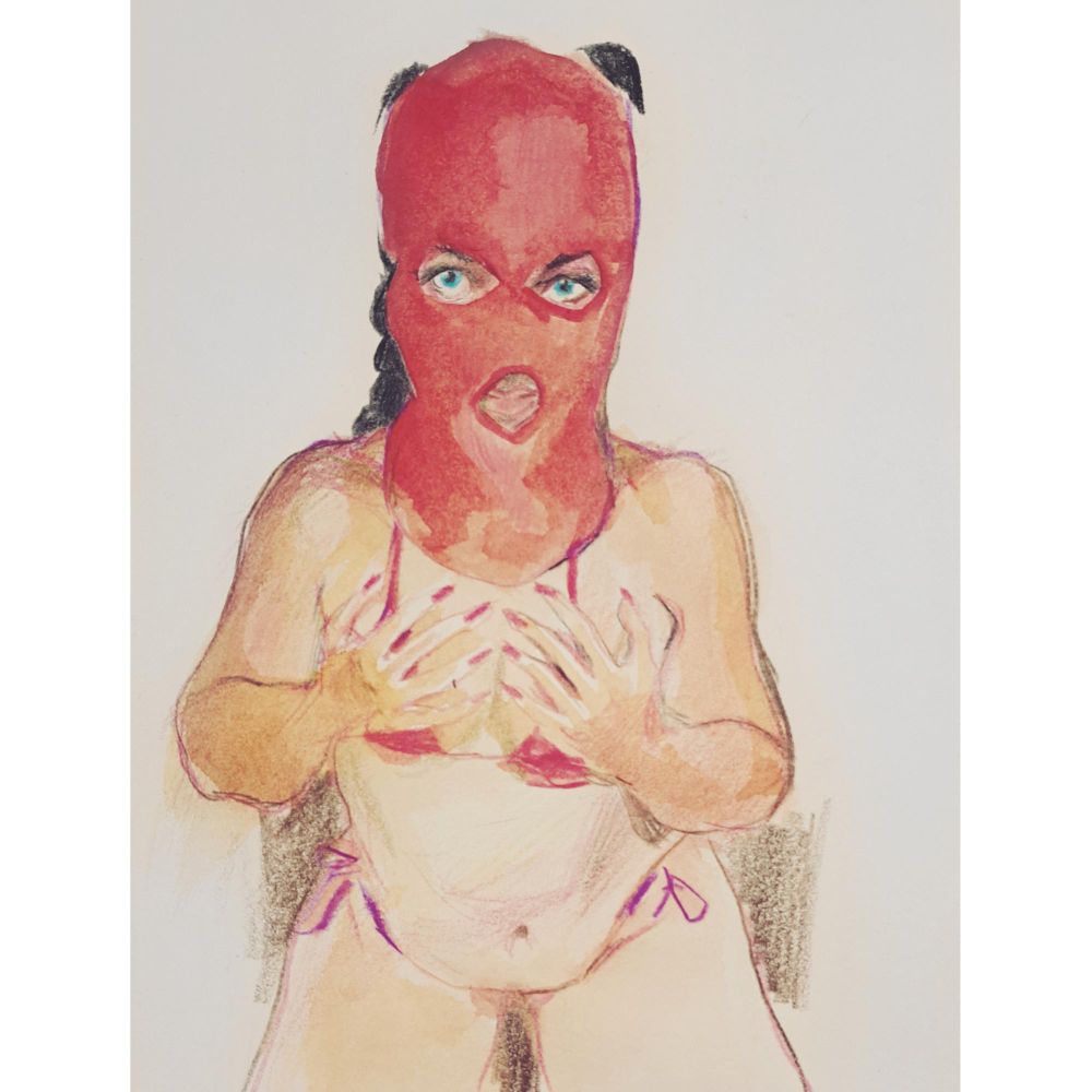 colour pencil drawing of a young woman in a microkini with a coral-pink balaclava