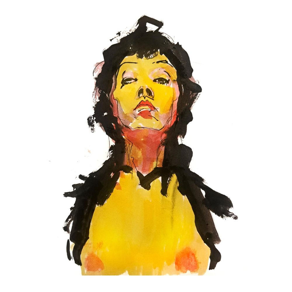 an ink painting of a young woman with bright yellow skin and heavily lidded eyes