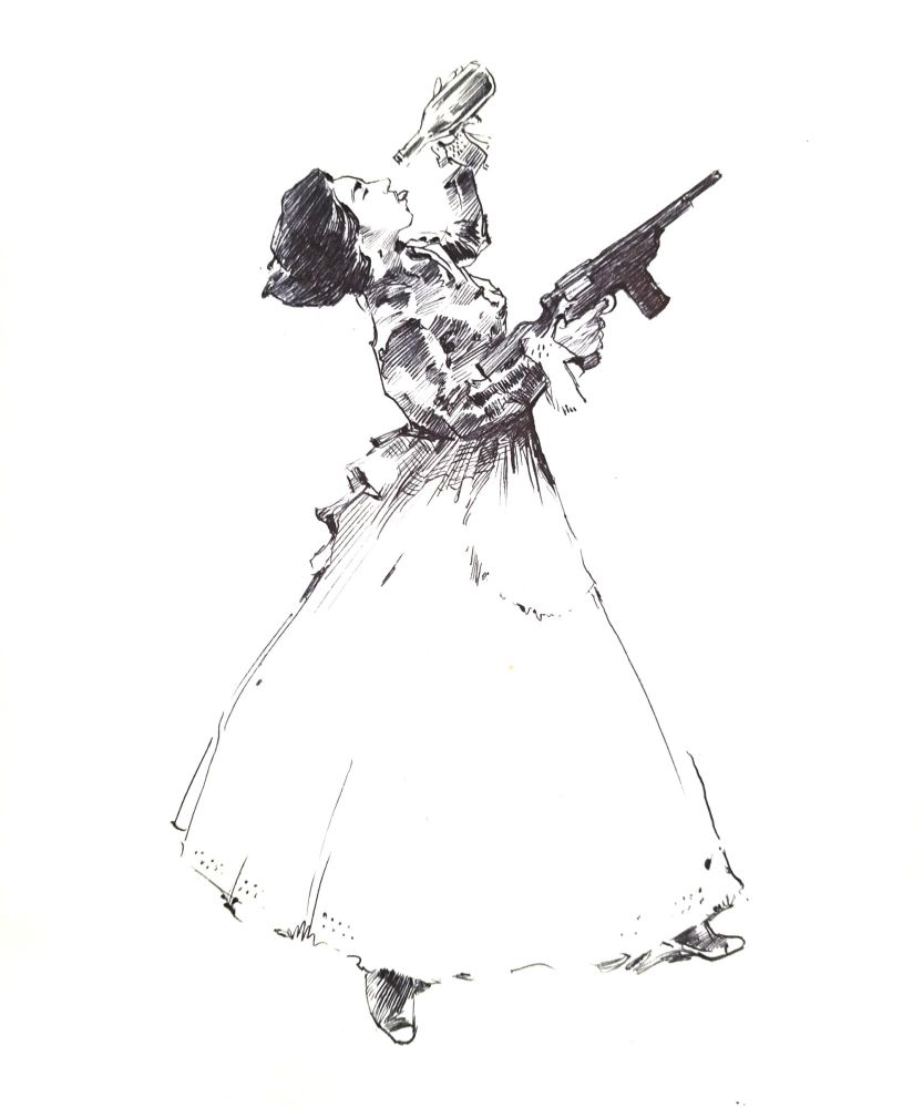 ink drawing of a woman in an Edwardian dress finishing the dregs of a whisky bottle and brandishing a submachine gun