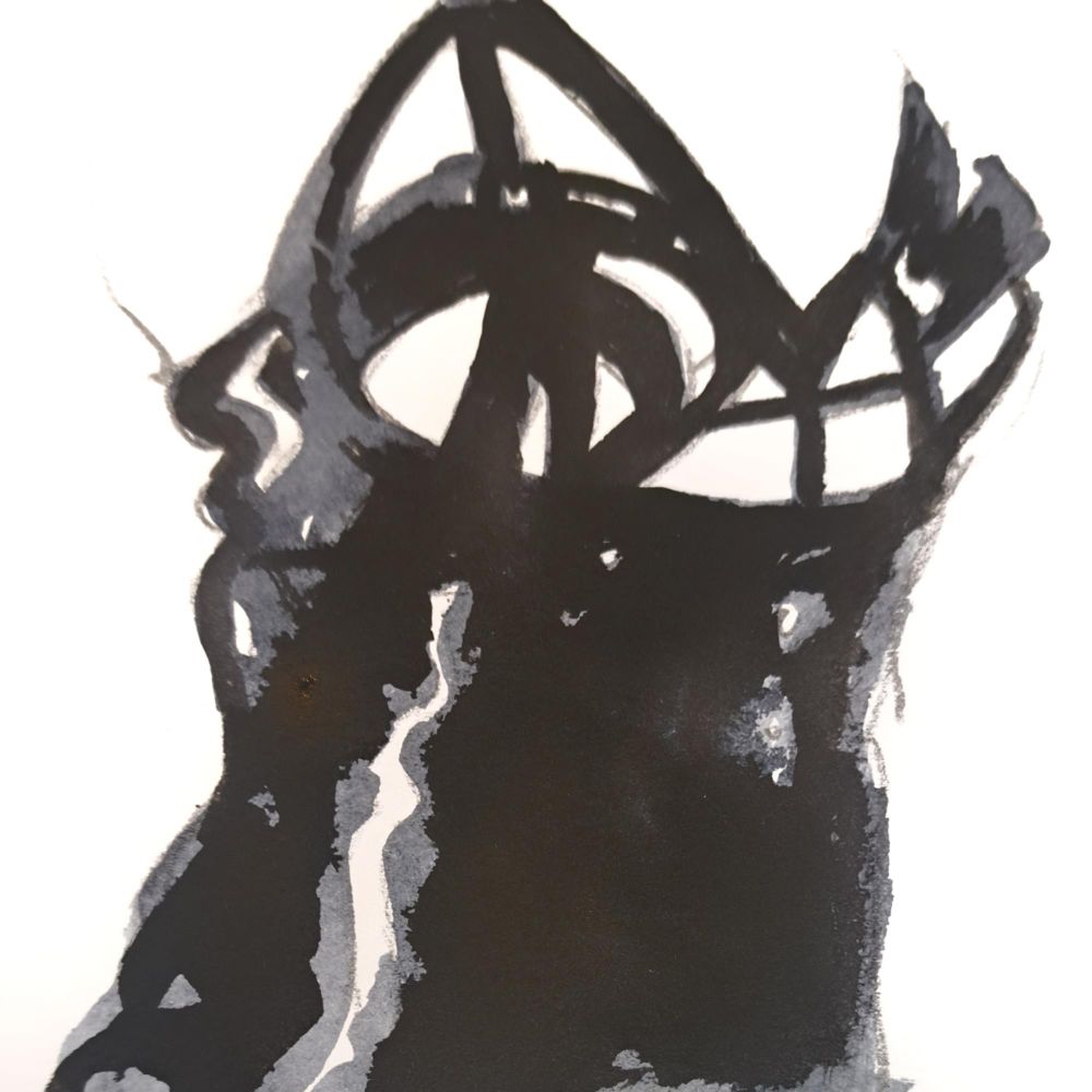 a black and white ink painting of a woman's torso in a strappy corset