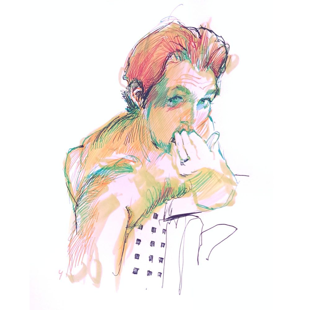 marker and ballpoint drawing of a man looking up at the camera