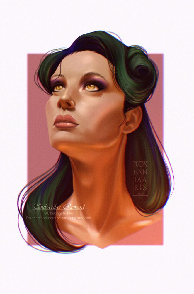 Woman looking up with gold eyes and dark green hair