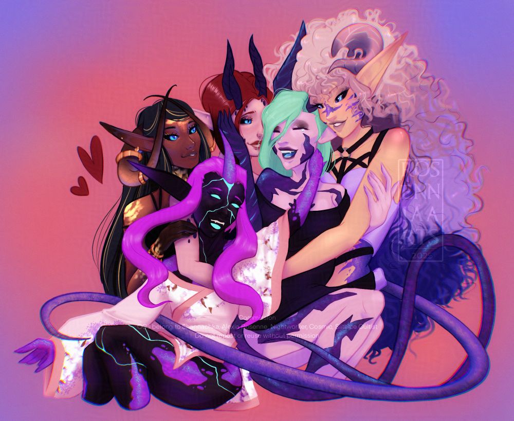 A group of colourful demon ladies all hugging