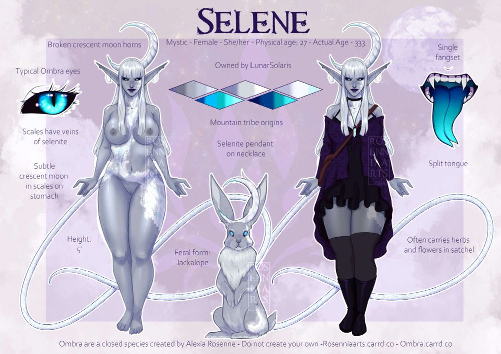 A grey skinned demoness with white scales covered in selenite. She has a jackalope form she can shapeshift into