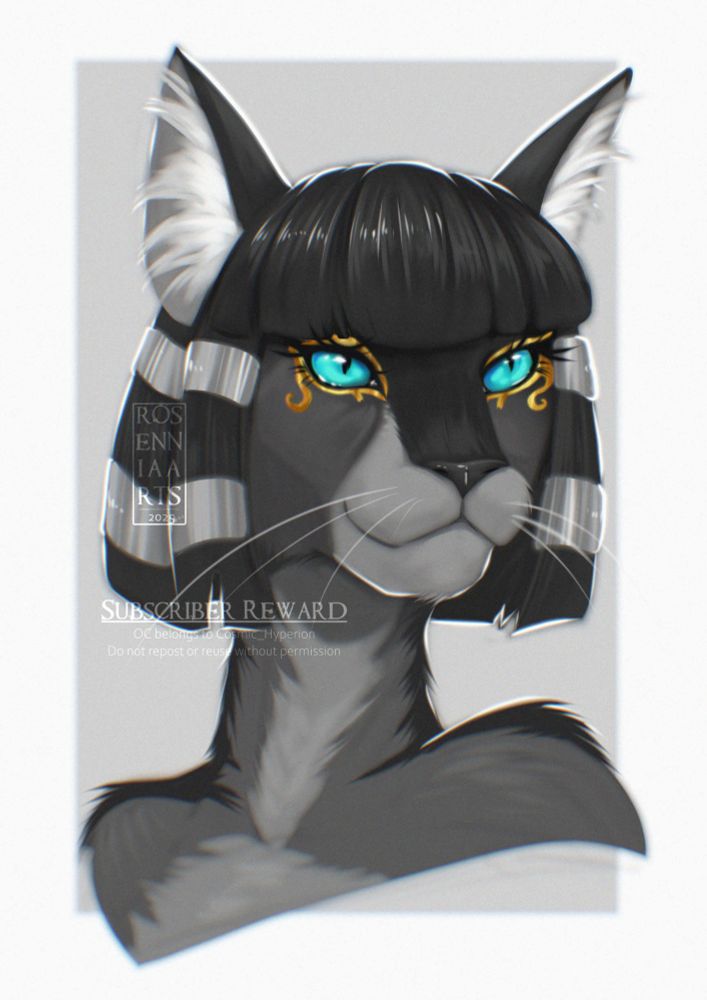 Black and white drawing of an Egyptian Mau cat with golden eye makeup and blue eyes