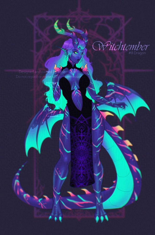 Neon Dragon witch with blue, purple, and teal accents - owned by Rosennia Arts
