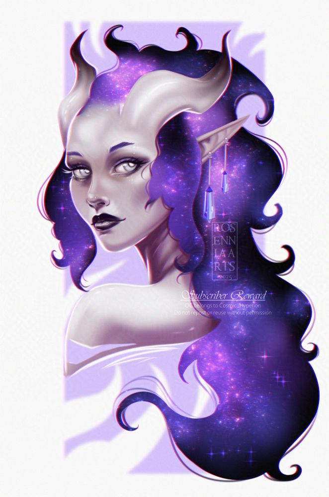 Dragon lady with pale skin and purple galaxy hair