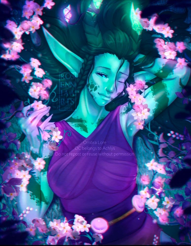 Green demoness laying in glowing pink flowers