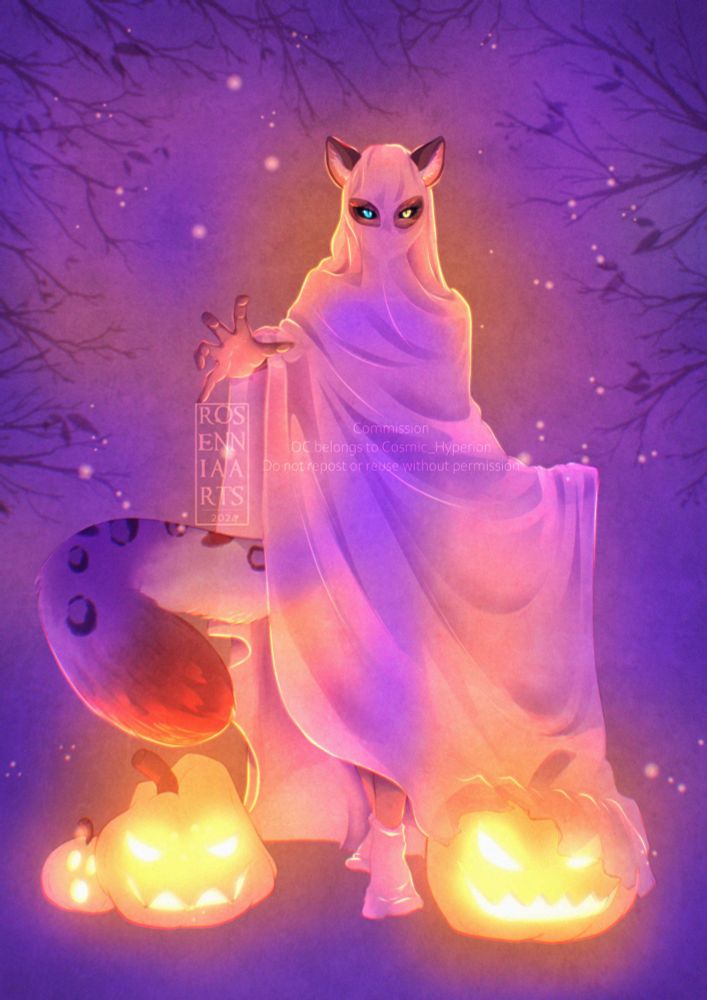 Anthro snow leopard girl dressed in a sheet as a ghost for halloween
