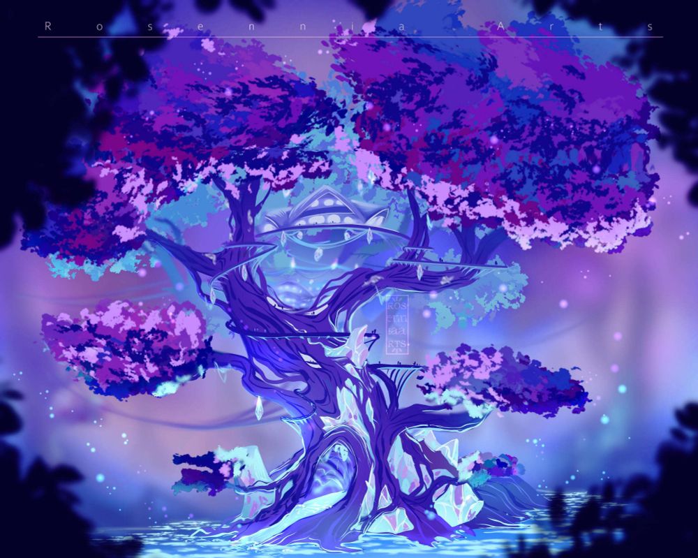 Massive trees of purples and blues growing around giant crystals 