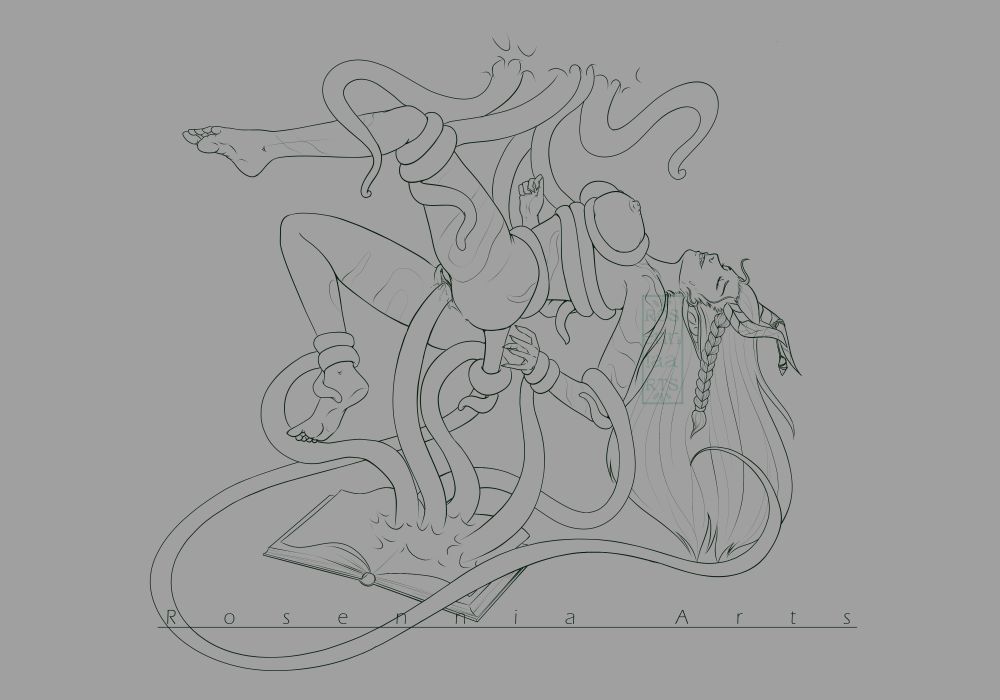 A demoness caught in tentacles after summoning them from a book