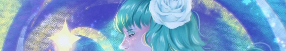 Teal haired woman with star freckles and swirling purples, blues and yellows around her