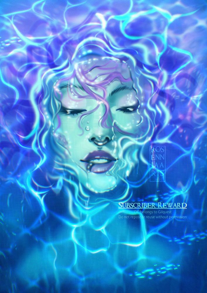 Woman with teal skin and purple hair floating in water
