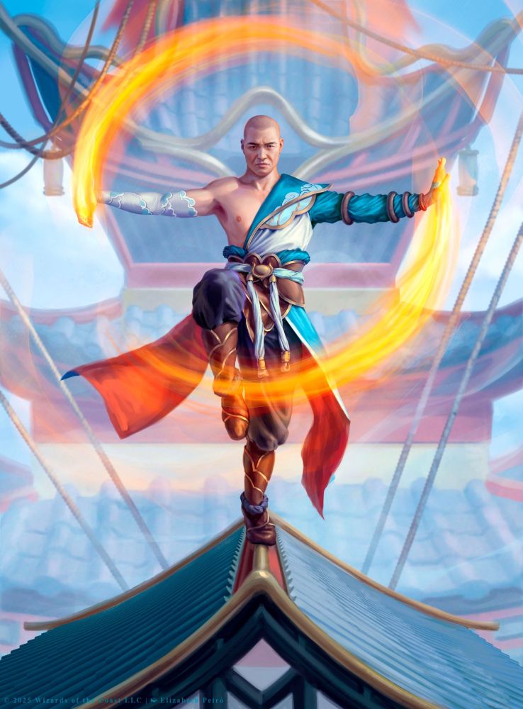 A monk casting a spell of red magic