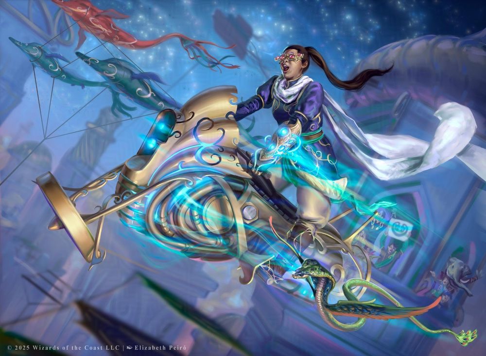 A woman riding a flying motorcycle