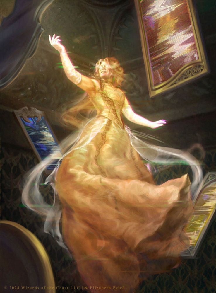 A female ghost dancing in the air, surrounded by mirrors